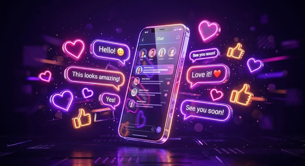 Smartphone avec messages, cœurs et pouces levés : publicité Facebook et Instagram (Meta Ads) au Maroc