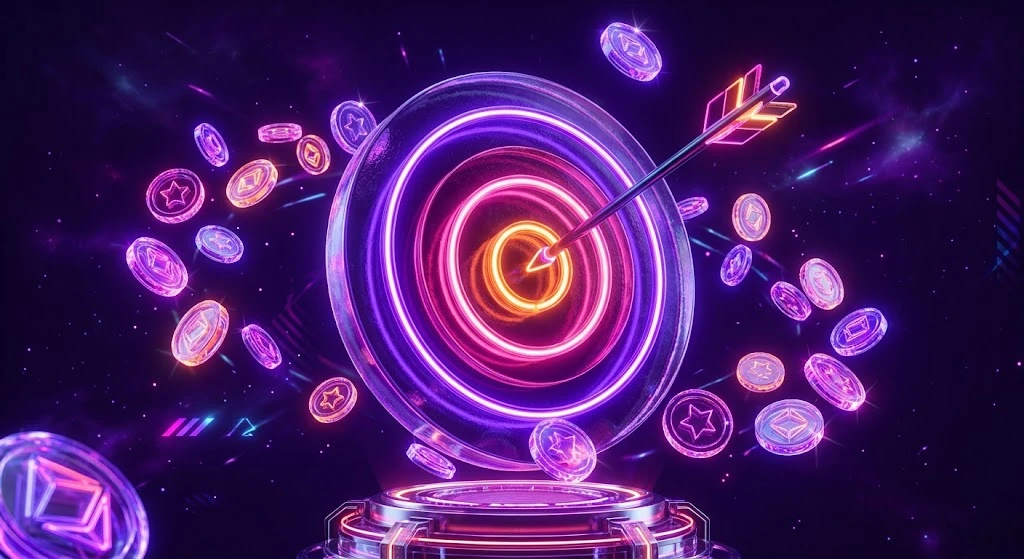 Cible 3D avec une flèche au centre et pièces flottantes : campagnes Google Ads rentables au Maroc
