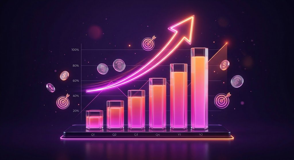 Graphique de croissance 3D avec flèche montante