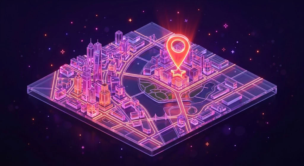 Carte 3D de quartiers de Casablanca avec un repère lumineux : référencement local et fiche Google Business Profile