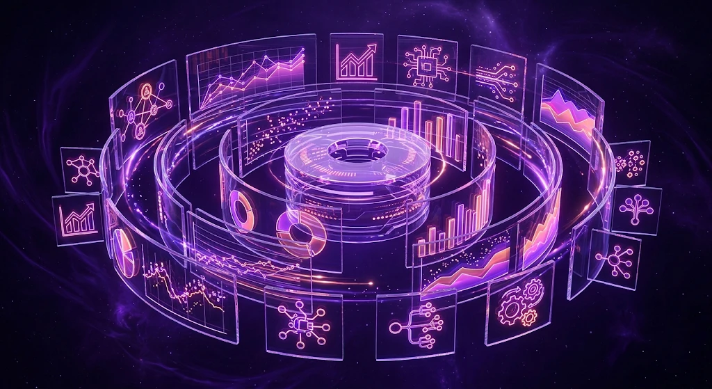 Tableau de bord circulaire en verre avec graphiques, réseaux et engrenages : méthode et suivi des résultats marketing digital