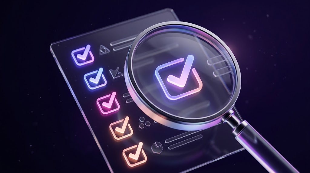 Loupe sur une checklist en verre avec coches lumineuses : audit SEO gratuit