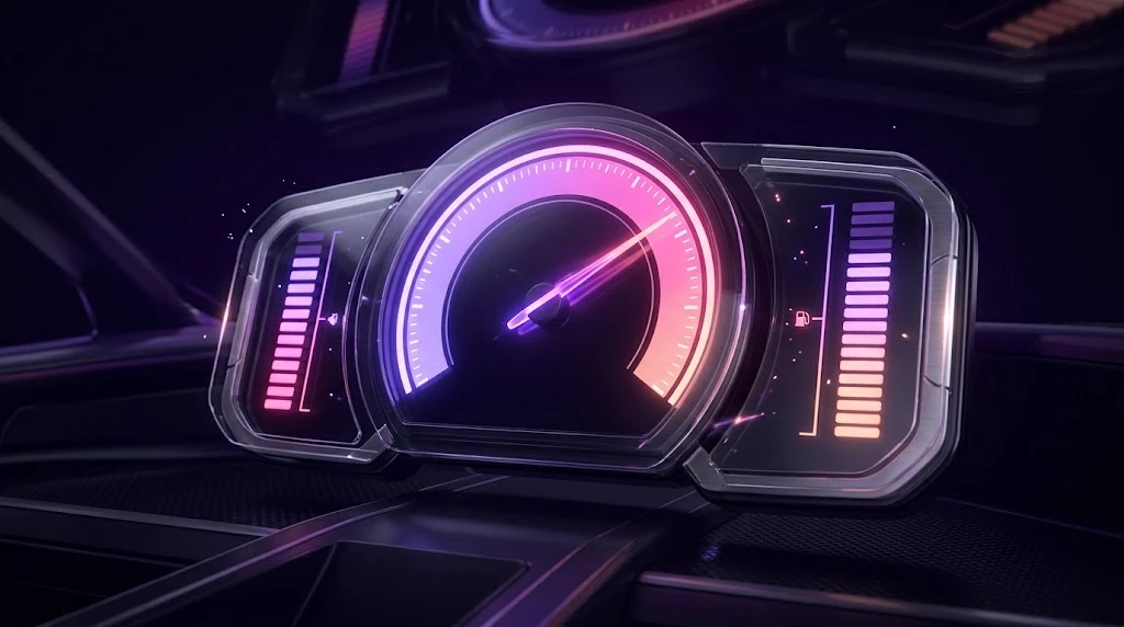 Compteur de vitesse 3D avec jauges lumineuses : Core Web Vitals et performance SEO