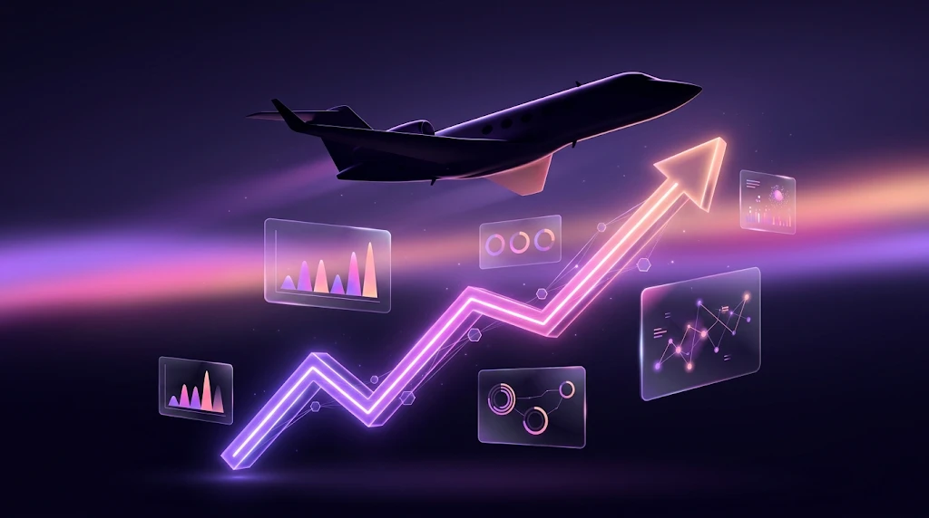 Avion privé survolant une courbe de trafic en hausse : étude de cas SEO Jet Aya Services