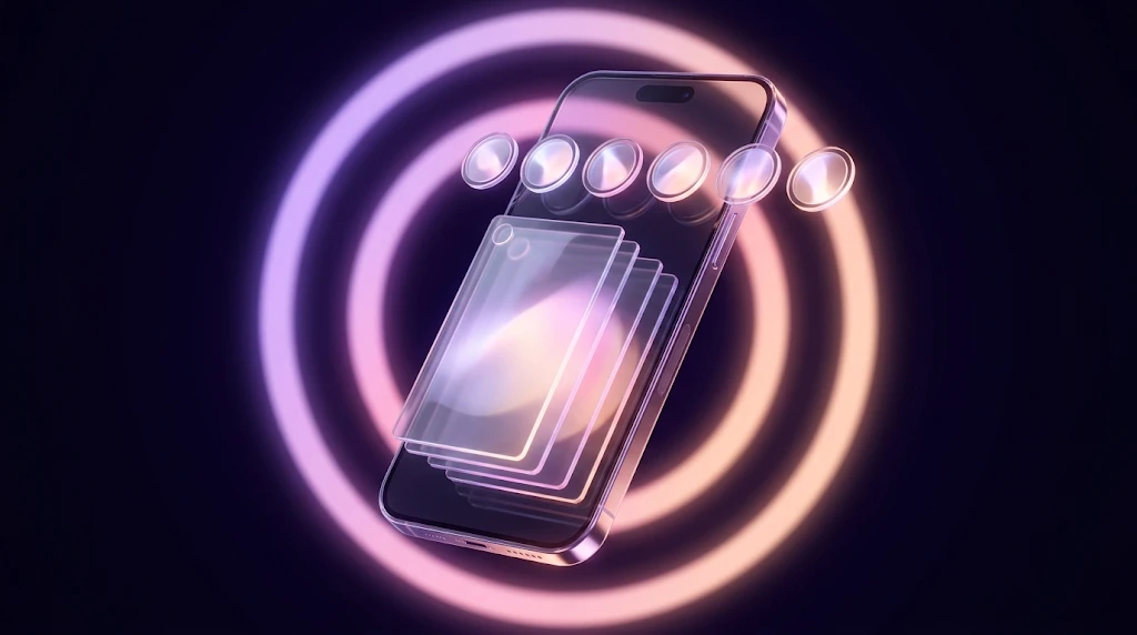 Téléphone 3D avec Stories et Reels en verre et cibles lumineuses : Instagram Ads au Maroc