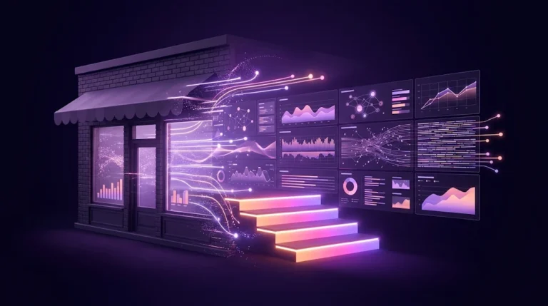 Boutique reliée à des tableaux de bord et escalier lumineux : marketing digital pour PME marocaines