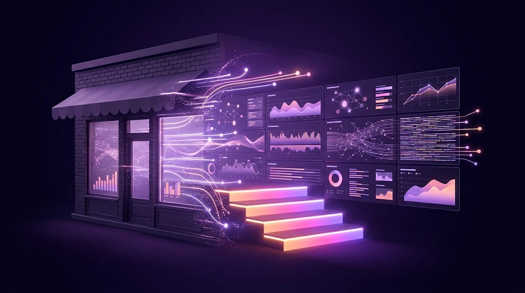 Boutique reliée à des tableaux de bord et escalier lumineux : marketing digital pour PME marocaines