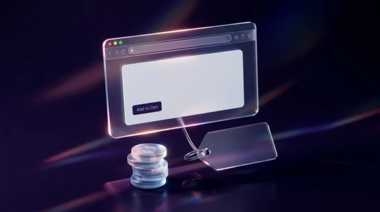 Combien coûte un site web au Maroc : Fenêtre de navigateur en verre, pièces et étiquette de prix : tarifs de création de site web au Maroc