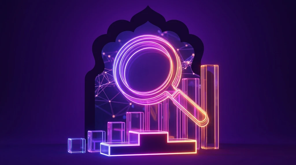 SEO au Maroc en 2026 : Loupe lumineuse et podium de classement devant une arche marocaine : guide SEO Maroc 2026